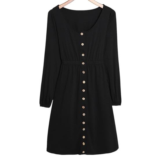 Black Button Up High Waist Long Sleeve Dress New Sizes S, M. L, XL, 2XL - Picture 2 of 12